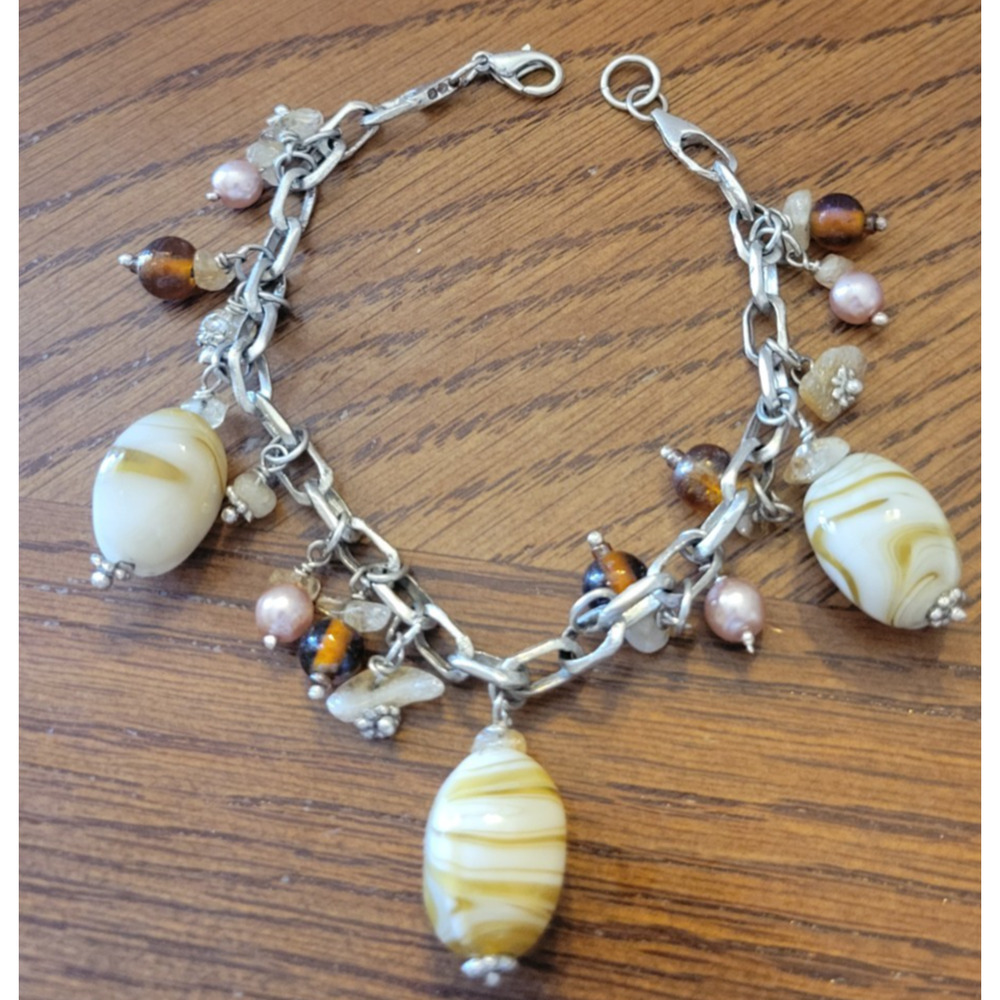 Vtg Estate Bracelet Gemstone Beaded Chain Link Charm‎ Dangle Fashion Jewelry